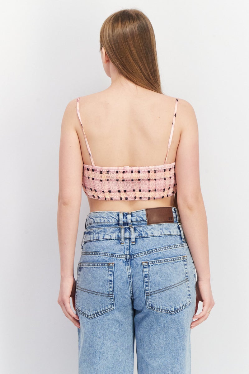 TOPSHOP Women V Neck Sleeveless Windowpane Print Crop Top, Pink - Image 2